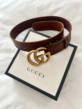 Gucci Brown Leather Marmont Wide Belt with Gold Double G Buckle
